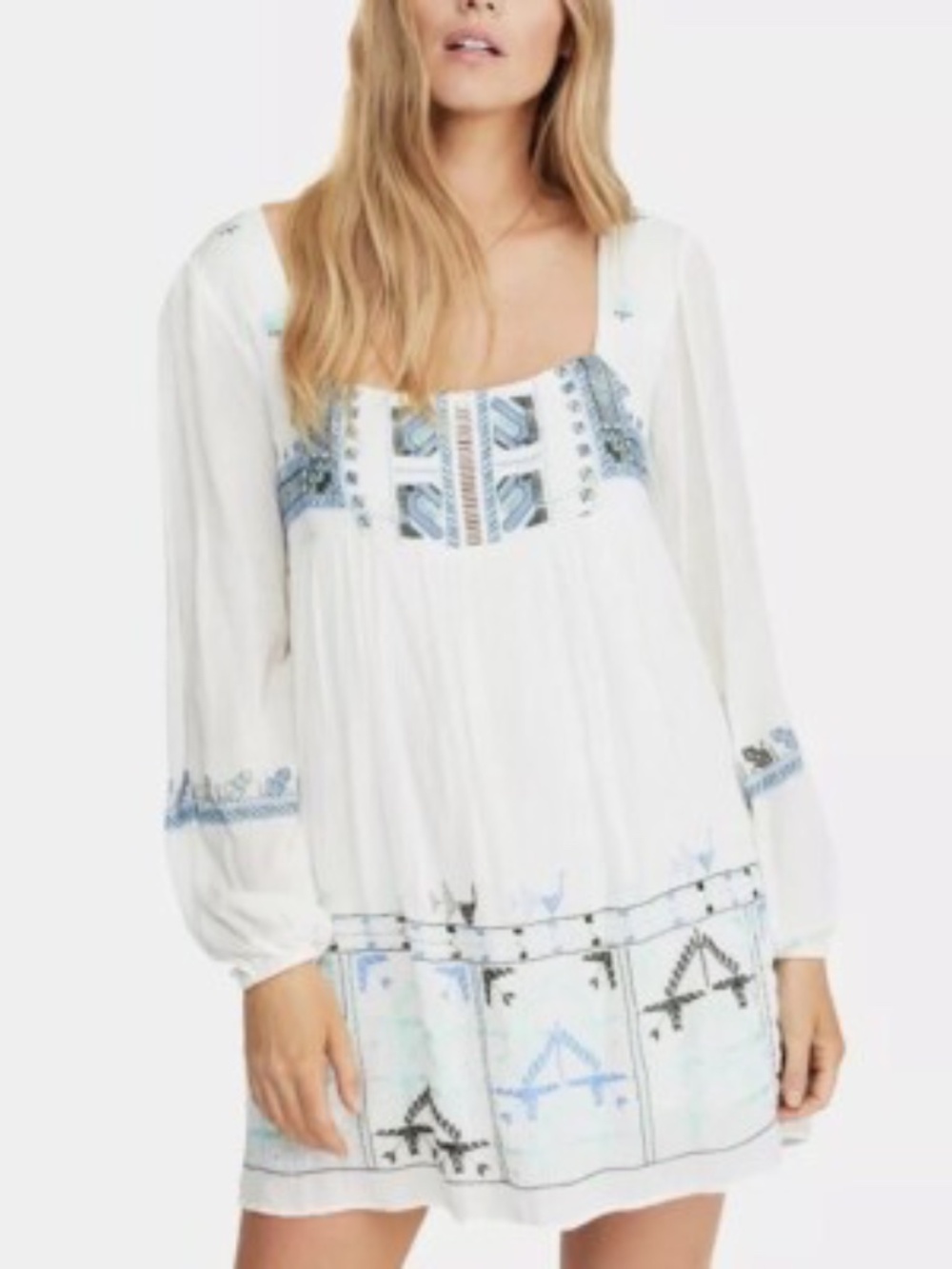 Free People Rhiannon Embroidered Mini Dress White Blue Boho Open Back S